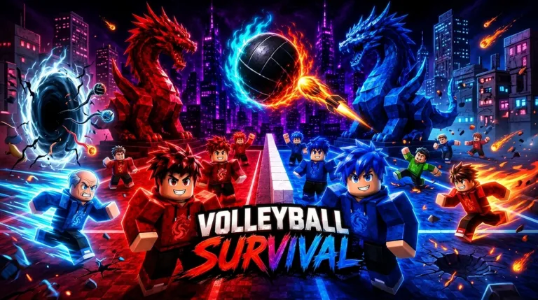 Volleyball Survival görseli: kırmızı ve mavi Roblox takımları neon bir sahada koşarken alevli top filenin üzerinden uçuyor